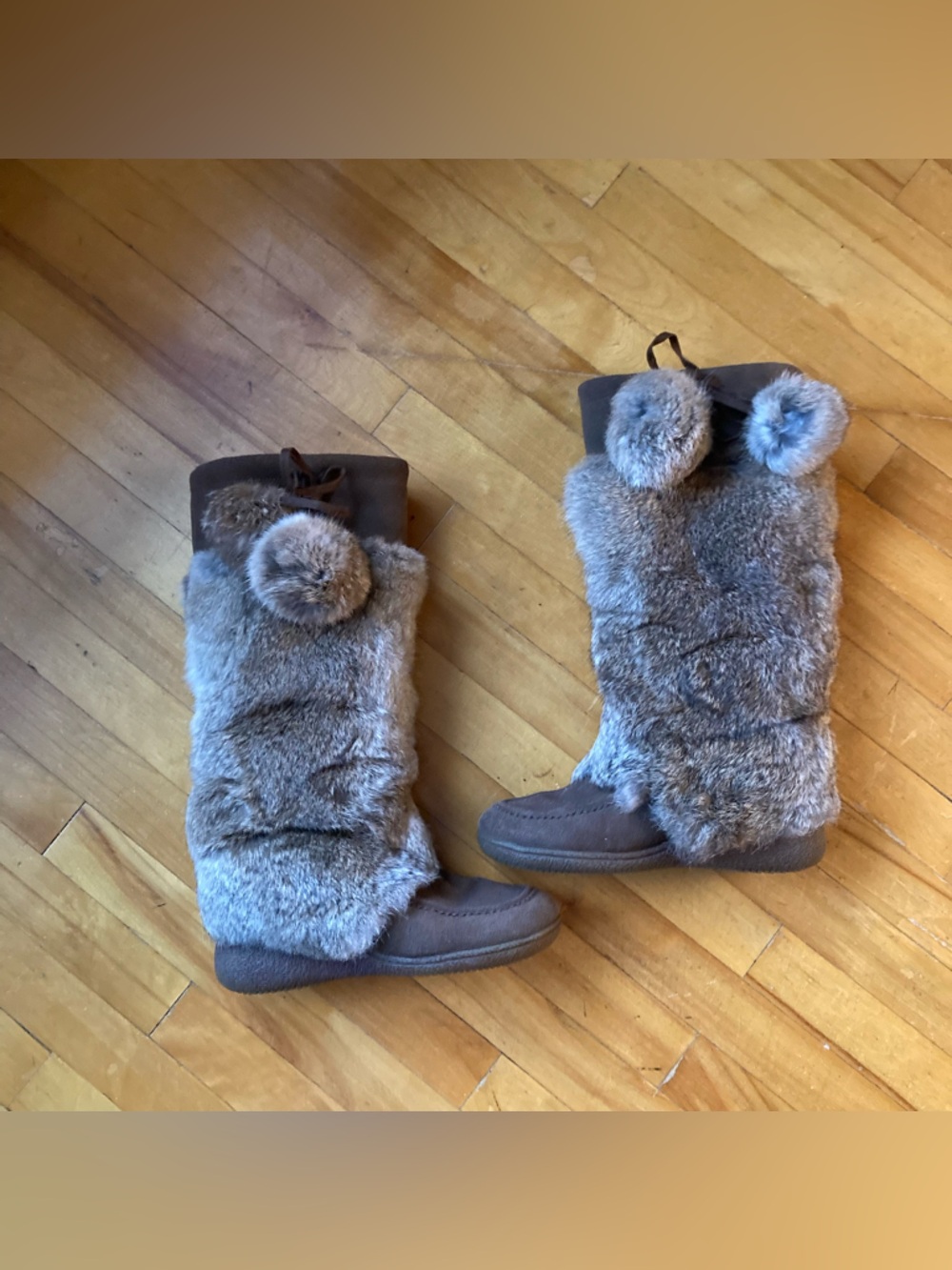 Rabbit & Leather Upper Boots with Pom Poms